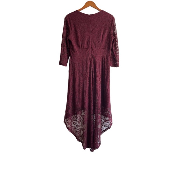 Women's Plus Size Burgundy Lace V-Neck High Low Hem Dress Long - Picture 3 of 4